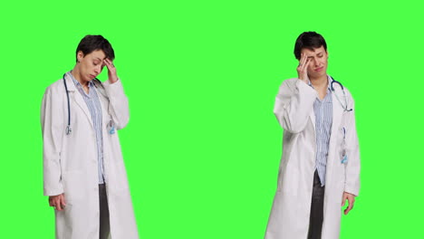 Unzufriedener-Sanitäter,-Der-Vor-Einem-Greenscreen-Hintergrund-Mit-Einer-Schmerzhaften-Migräne-Zu-Kämpfen-Hat
